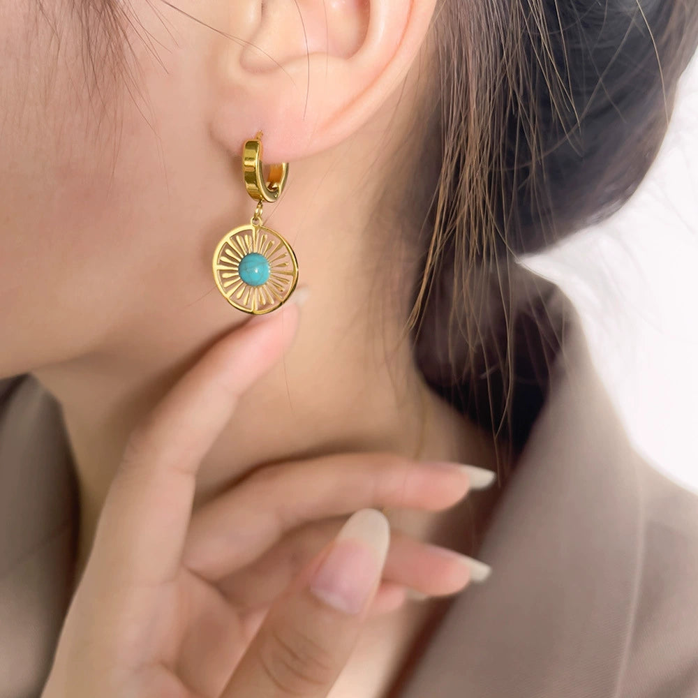Vintage Sun Cutout Turquoise Hoop Earrings, Hypoallergenic Titanium Steel Boho Dangle Earring