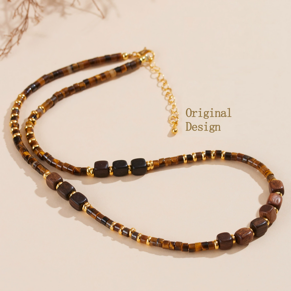 Handmade Natural Tiger Eye & Agarwood Choker Necklace for Men Women, Vintage Wooden Bead Collarbone Necklace with Adjustable Extension Chain, Retro Boho Healing Crystal Beaded Necklace Jewelry Gift