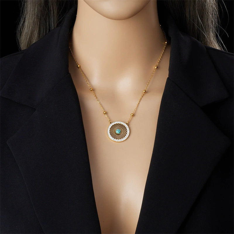 Stainless Steel Turquoise Crystal 2Pcs Jewellery Set, Hollow Floral Round Pendant Necklace & Stud Earrings, Tarnish Resistant 18K Gold Plated Boho Gemstone Set For Women