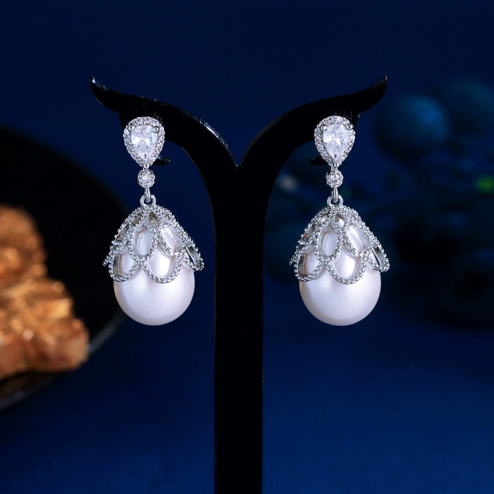 Lace Teardrop Pearl Drop Earrings with AAA+ CZ, Hypoallergenic