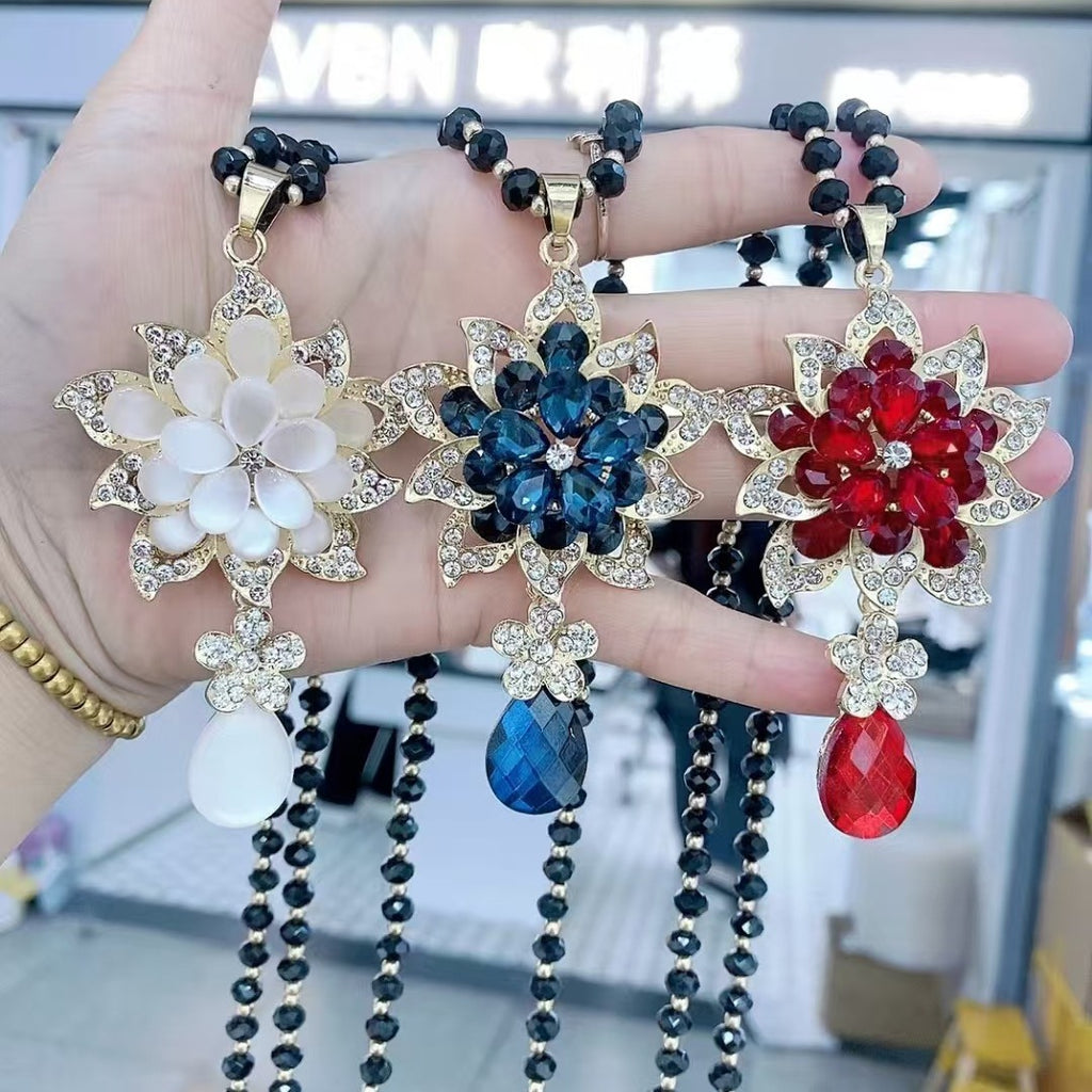 Floral Crystal Teardrop Pendant Long Sweater Necklace Black Bead Chain Gold Plated Women Vintage Jewelry