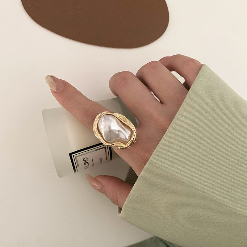 Vintage Irregular Baroque Pearl Open Adjustable Ring, Gold Silver Plated Chunky Statement Finger Ring