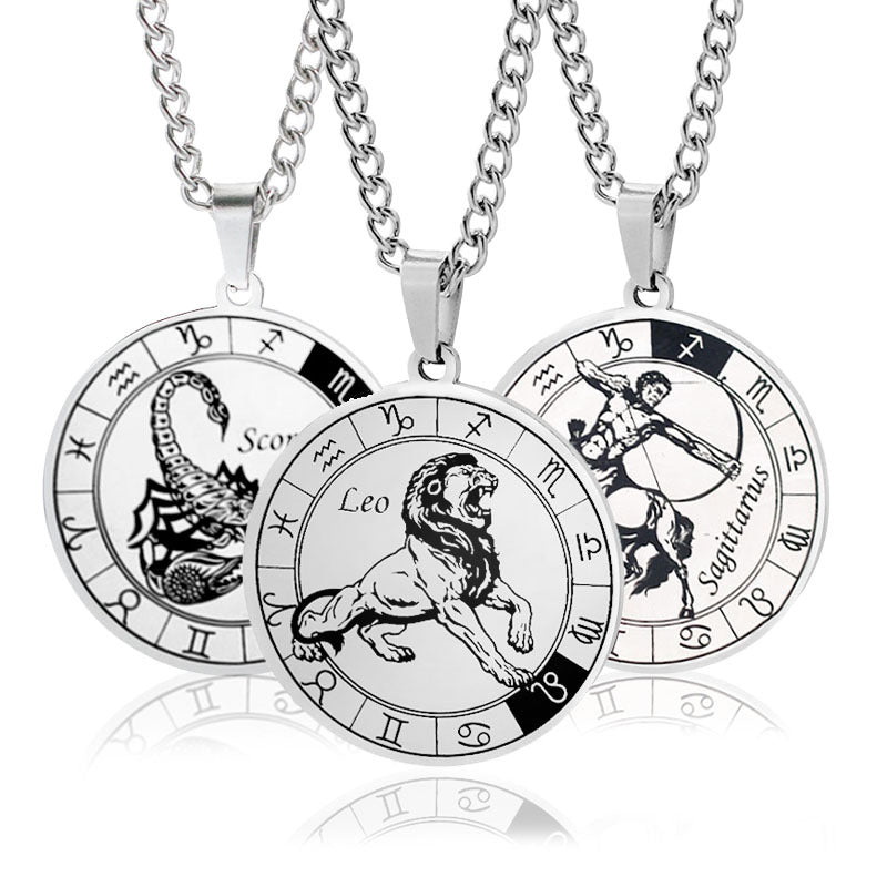 12 Zodiac Sign Stainless Steel Pendant Necklace Engraved Horoscope Coin 60cm Curb Chain Unisex Gift