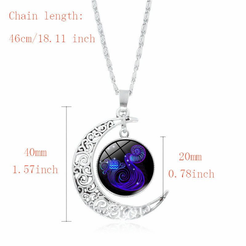 Stainless Steel 12 Constellation Crescent Moon Glass Pendant Necklace noctilucent, Zodiac Sign Time Gem Necklace for man women