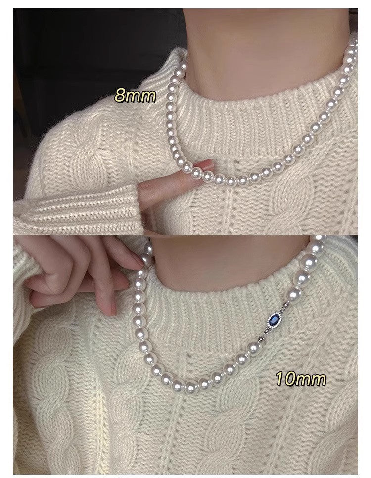 High Luster Natural Australian Mother of Pearl Necklace, 925 Sterling Silver Sapphire Inlaid Clasp, 45CM Single Strand Round Shell Pearl Choker, Elegant Vintage Pearl Jewelry for Wedding Party Daily Outfit Gift for Women