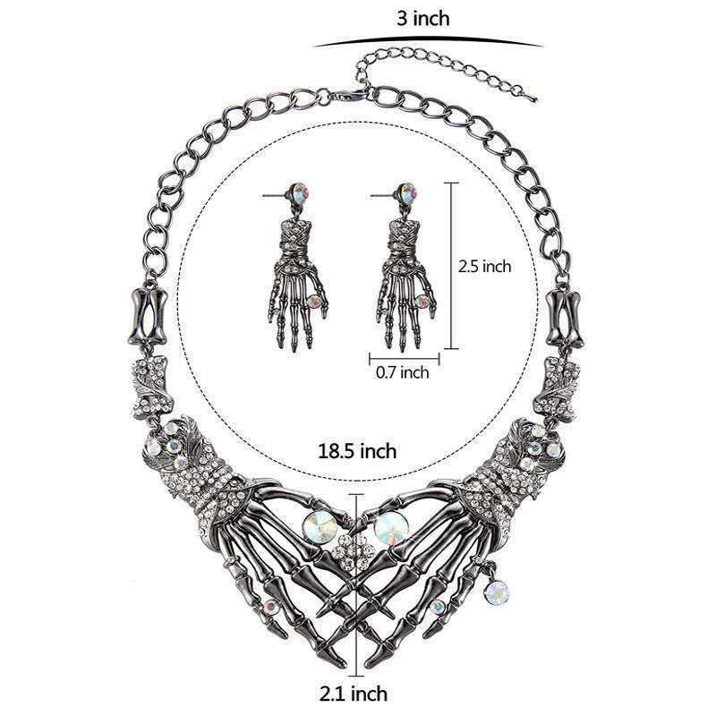 Halloween Gothic Rhinestone Skeleton Hand Jewelry Set, Interlaced Skull Bone Statement Necklace & Drop Earrings, Dark Punk Alloy Costume Accessories for Women