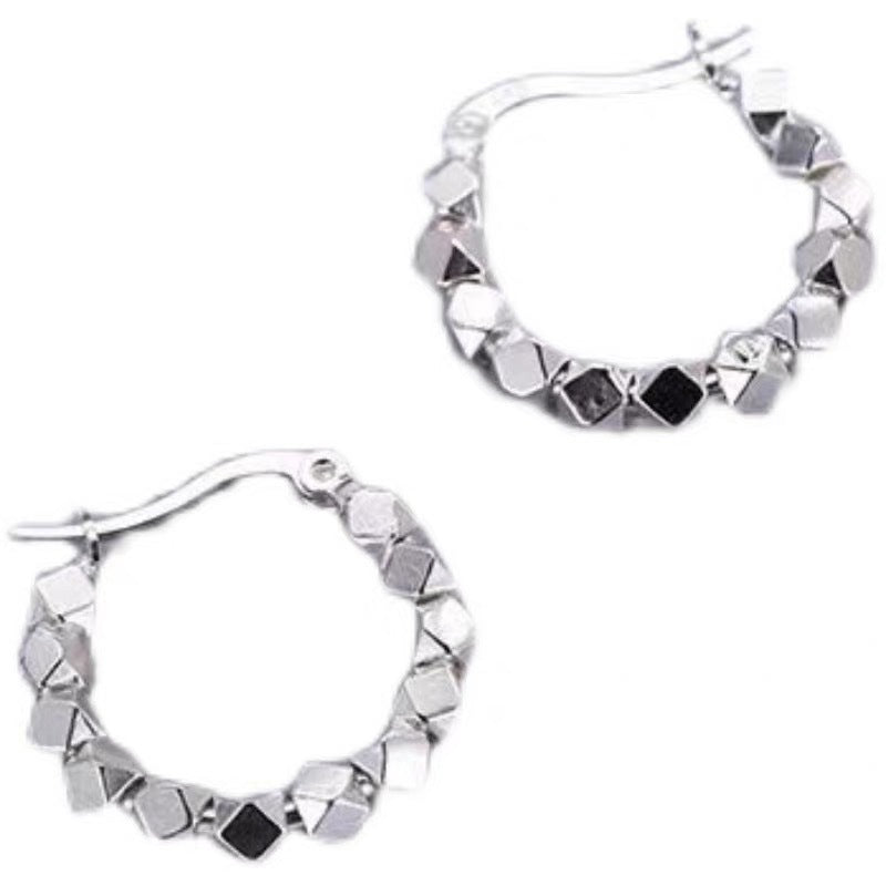 925 Sterling Silver Irregular Broken Cube Hoop Earrings, Dainty Multi-Faceted Rhombus Bead Huggie Ear Buckles Minimalist Korean Daily Earrings for Women