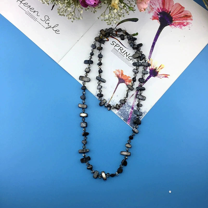 Lightweight Multi-Shape Raw Shell Chip Long Necklace Matte Black Small Crystal Spacers Ethnic Hippie Style Adjustable Sweater Chain Ladies Gift