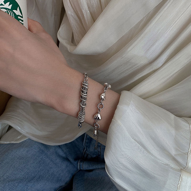 2 Styles S925 Sterling Silver Vintage Bracelet Set, Polished Heart Twisted Link Chain & Textured Coil Tassel Rectangular Paperclip Wrist Chain Adjustable Extension Jewelry for Women