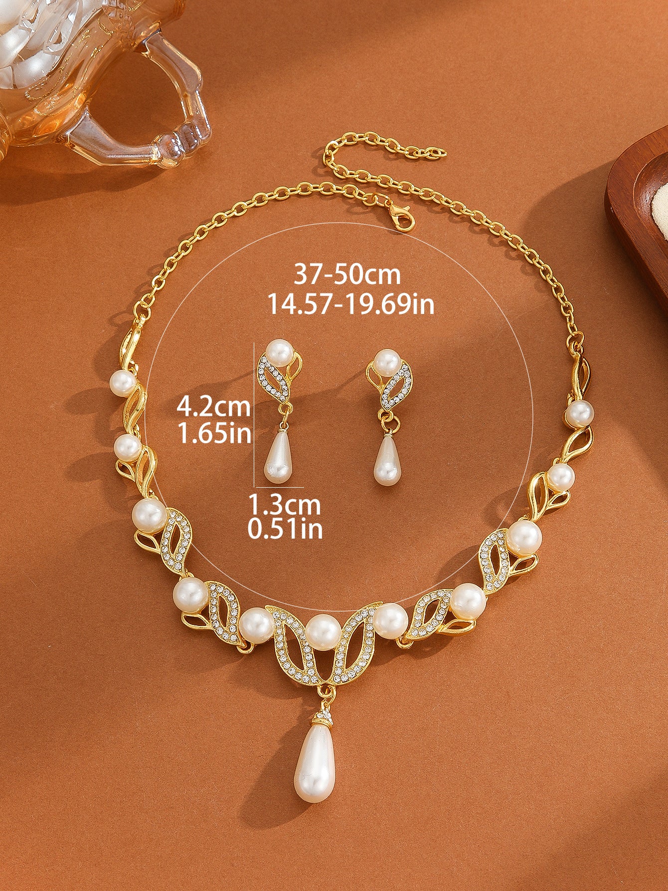 Leaf Rhinestone Round & Teardrop Pearl Necklace Dangle Earring Jewelry Set
