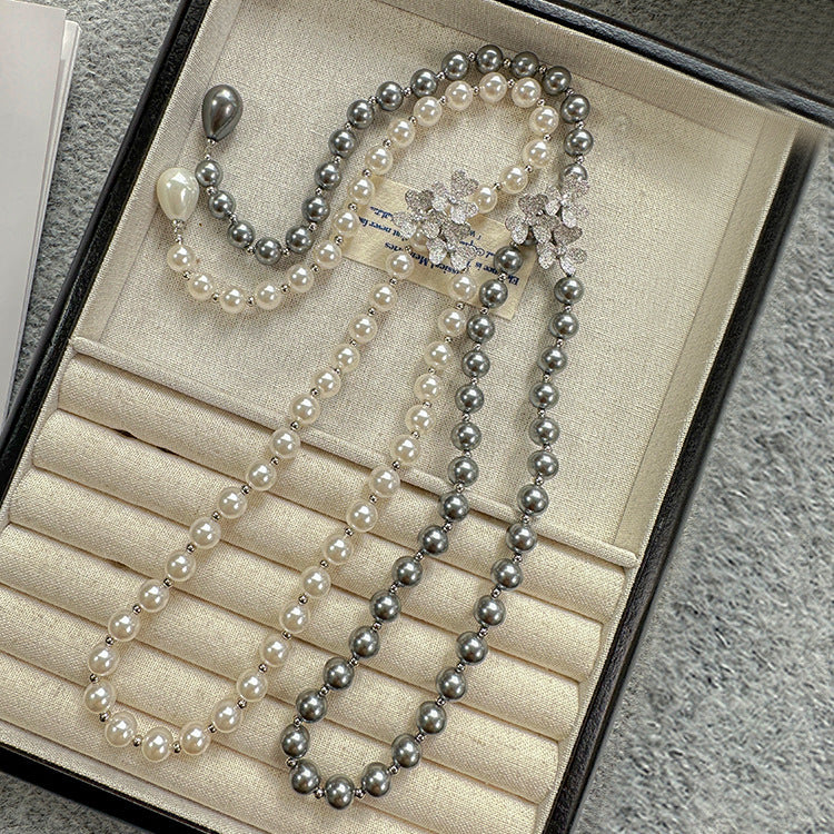 Long White Grey Imitation Pearl Sweater Necklace Silver Flower Clasp Teardrop Pendant Women Layering Jewelry