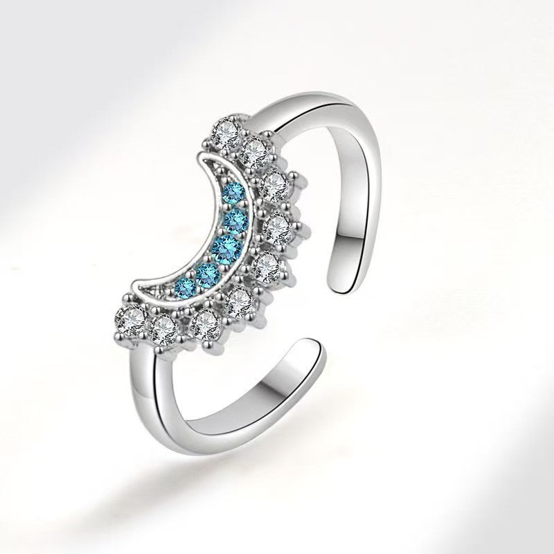 2Pcs Sun Moon Stackable Open Ring Set, Silver & Gold Plated Cubic Zirconia Adjustable Couple Rings
