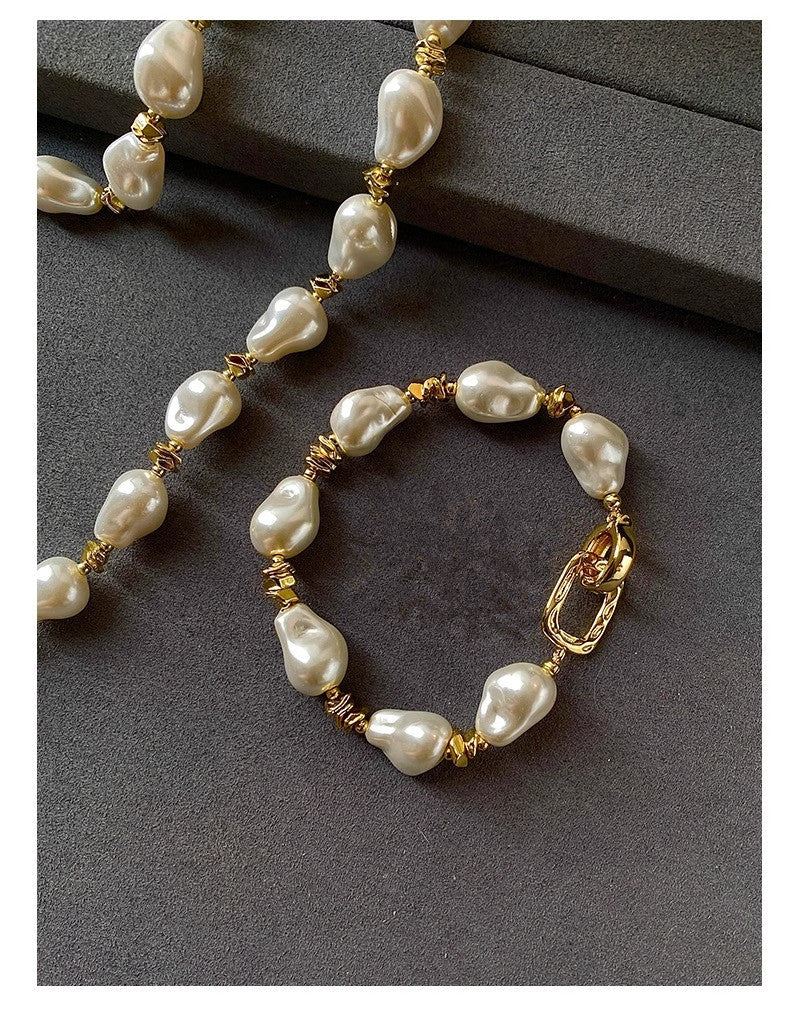 Vintage French Irregular Baroque Faux Pearl Jewelry Set, Chunky Baroque Pearl Choker Necklace & Stackable Bracelet, Gold Plated Toggle Clasp Elegant Bridal Daily Layering Jewelry Gift For Women