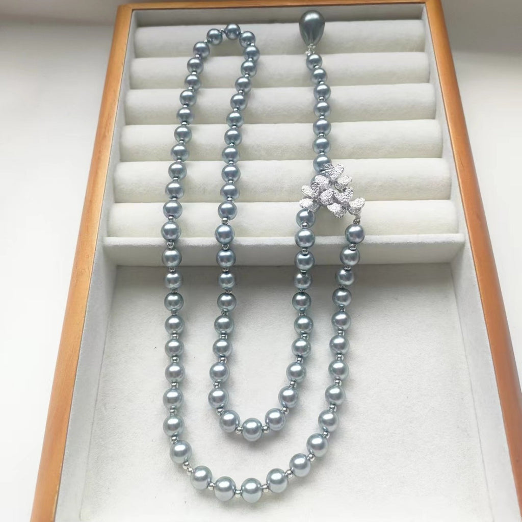 Long White Grey Imitation Pearl Sweater Necklace Silver Flower Clasp Teardrop Pendant Women Layering Jewelry