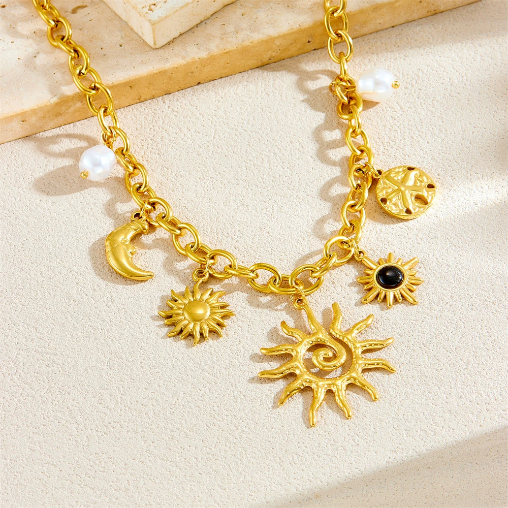 18K Gold Plated Stainless Steel Sun Moon Starfish Pearl Charm Choker Necklace, 41+6cm Adjustable Chunky Chain Necklace