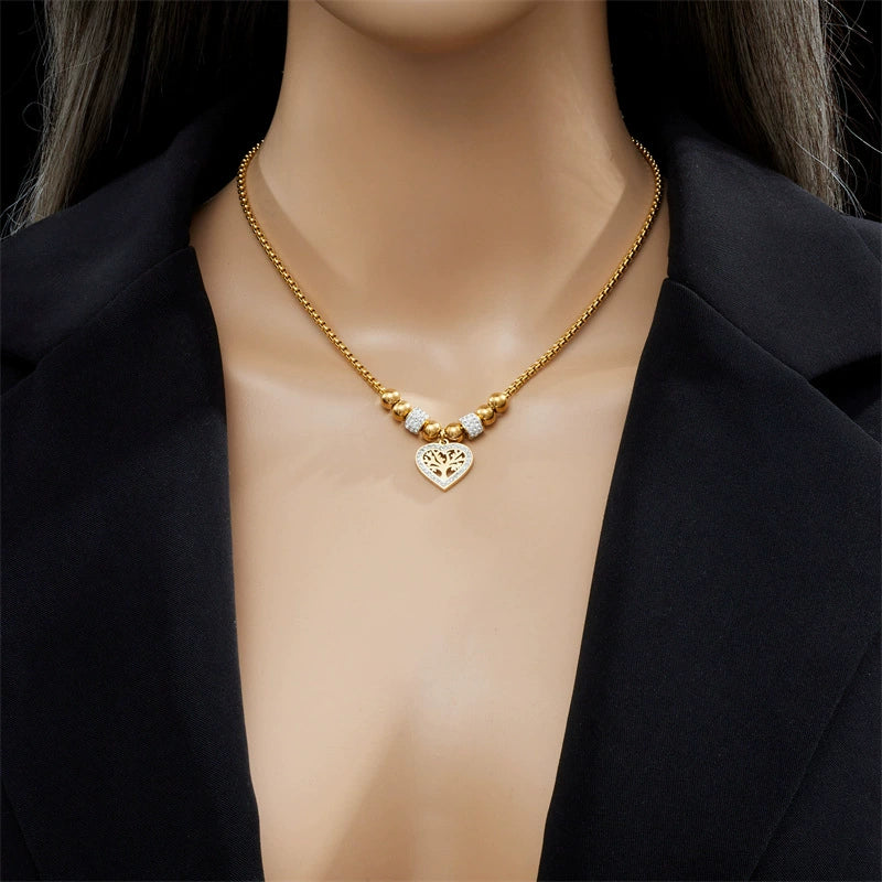Heart Life Tree Zircon Pendant Necklace, Gold Plated Stainless Steel Hypoallergenic Bead Choker