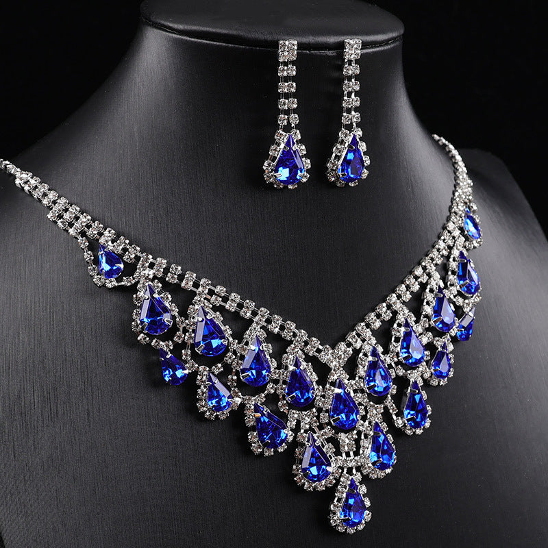 Teardrop Crystal Fringe Necklace Earring Jewelry Set, Formal Pageant Statement Jewelry