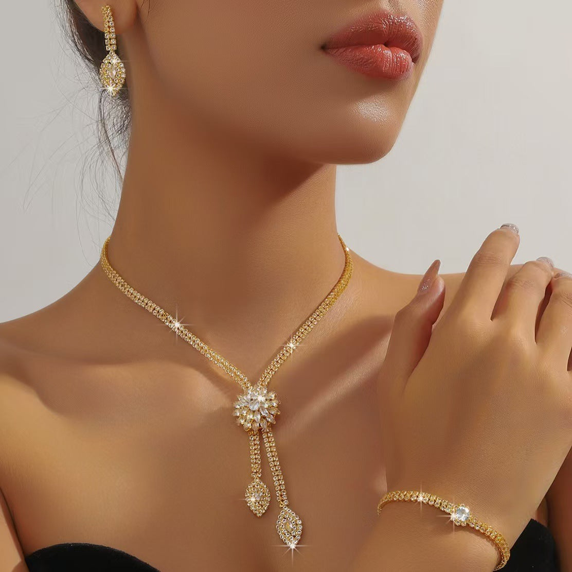 Floral Full Zircon Jewelry Set, Tassel Necklace+Bracelet+Earrings Hypoallergenic Formal Accessory