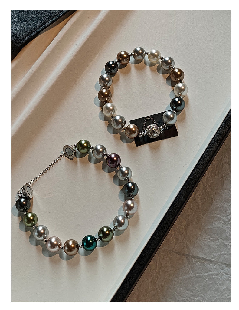 Multi-Color Tahitian Aurora Imitation Pearl Beaded Bracelet, Anti-Lost Magnetic Clasp Mixed Tone Glossy Pearl Stack Wrist Bracelet for Women Wedding Party Elegant Daily Jewelry