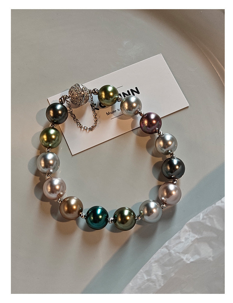 Multi-Color Tahitian Aurora Imitation Pearl Beaded Bracelet, Anti-Lost Magnetic Clasp Mixed Tone Glossy Pearl Stack Wrist Bracelet for Women Wedding Party Elegant Daily Jewelry