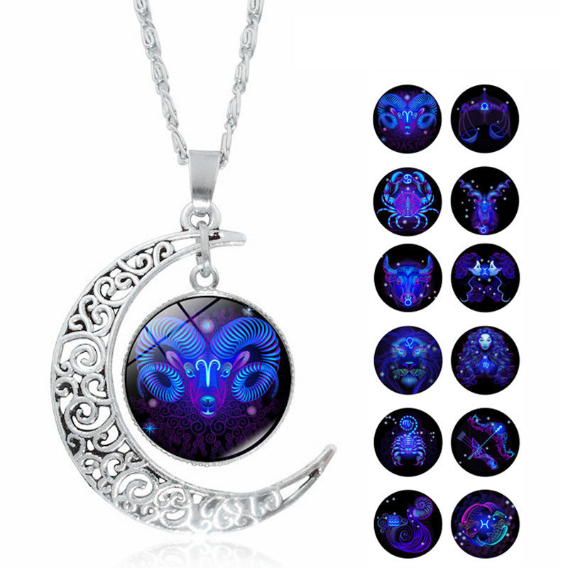Stainless Steel 12 Constellation Crescent Moon Glass Pendant Necklace noctilucent, Zodiac Sign Time Gem Necklace for man women