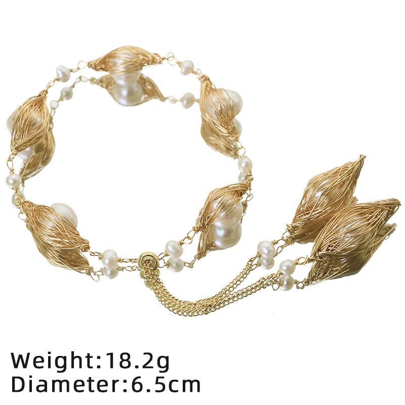 Hand Woven Gold Wire Oval Natural Freshwater Pearl Pull Adjustable Bracelet, Double Layer Tassel Pearl Slide Bracelet Elegant Dainty Wrist Jewelry for Women Wedding Daily Wear