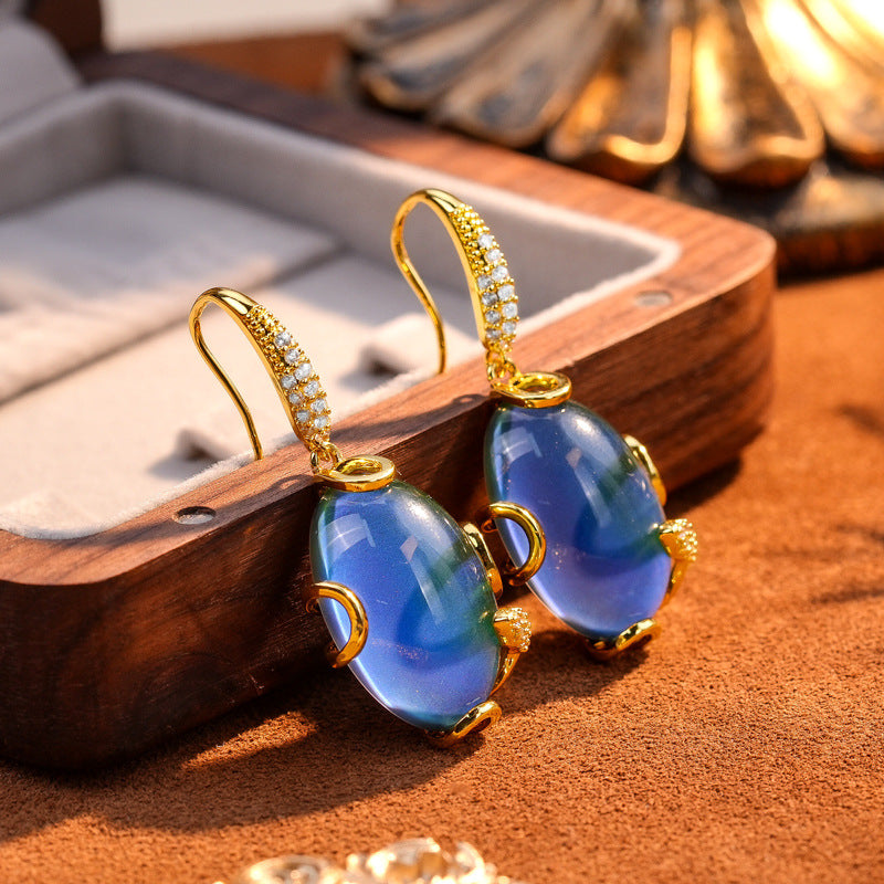 Thermochromic Temperature Sensitive Color Shift Gem Jewelry Kit Oval Mood Stone Drop Earring Adjustable Band Ring Chain Necklace