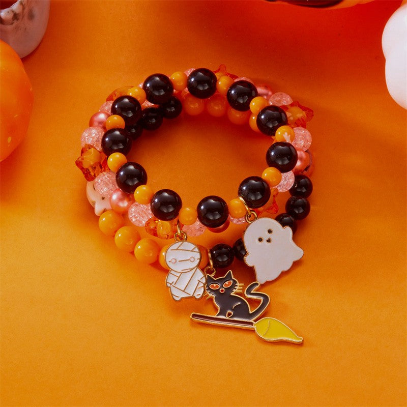 Halloween Cute Ghost Pumpkin Charm Beaded Bracelet Set, 3Pcs Stackable Enamel Charm Stretch Bracelets Witch Bat Mummy Jewelry For Women Kids Party