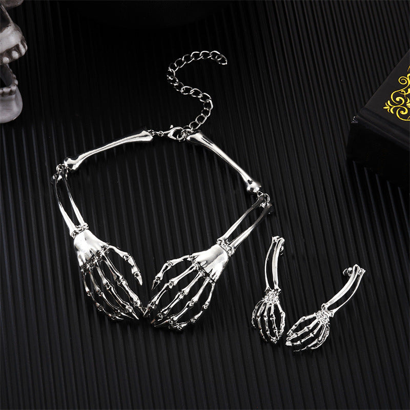 Gothic Skeleton Hand Jewelry Set, Vintage Skull Bone Choker Necklace & Drop Earrings Set Halloween Punk Statement Jewelry For Women