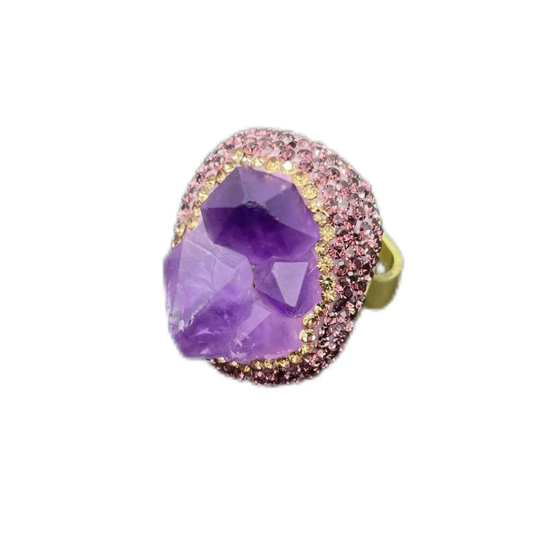Natural Rough Brazilian Amethyst 3Pcs Jewelry Set Clay Inlaid Rhinestone Drop Earrings Adjustable Open Ring Pendant Necklace Gold Plated Women Boho Gift
