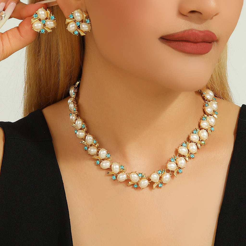 Gold Plated Imitation Pearl & Blue Crystal Jewelry Set, Anti-allergy Stud Earrings & Adjustable Necklace for Wedding Party
