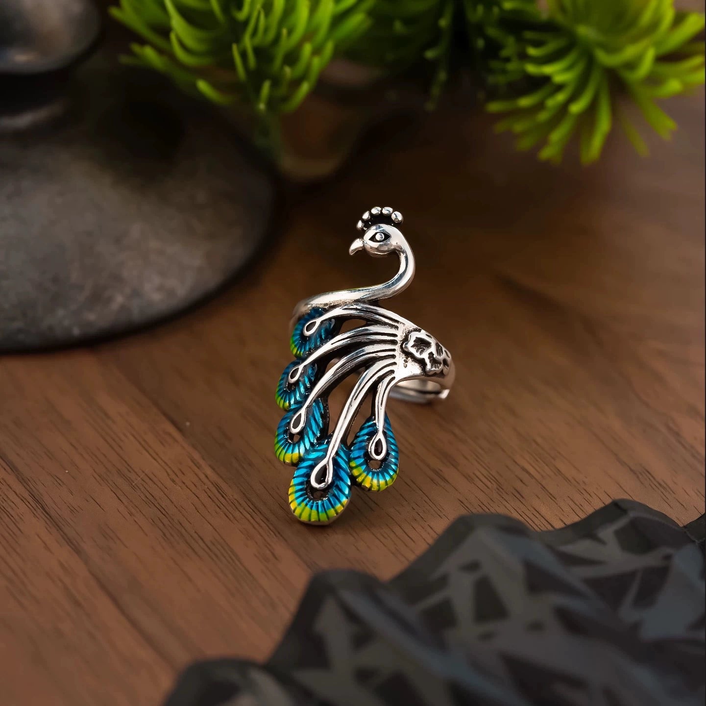 Vintage Enamel Peacock Open Adjustable Ring, Antique Silver Plated Statement Phoenix Finger Ring for Women