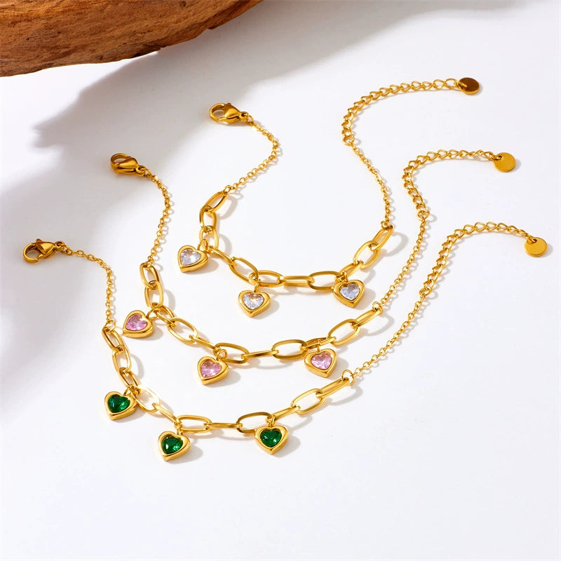 18K Gold Plated Stainless Steel Paperclip Chain Heart Cubic Zirconia Charm Bracelet, Adjustable Dainty Bracelet