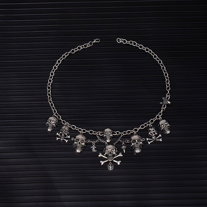 Vintage Gothic Skull Crossbones Jewelry Set, Pirate Skeleton Charm Statement Necklace & Dangle Earrings Halloween Punk Costume Jewelry For Women