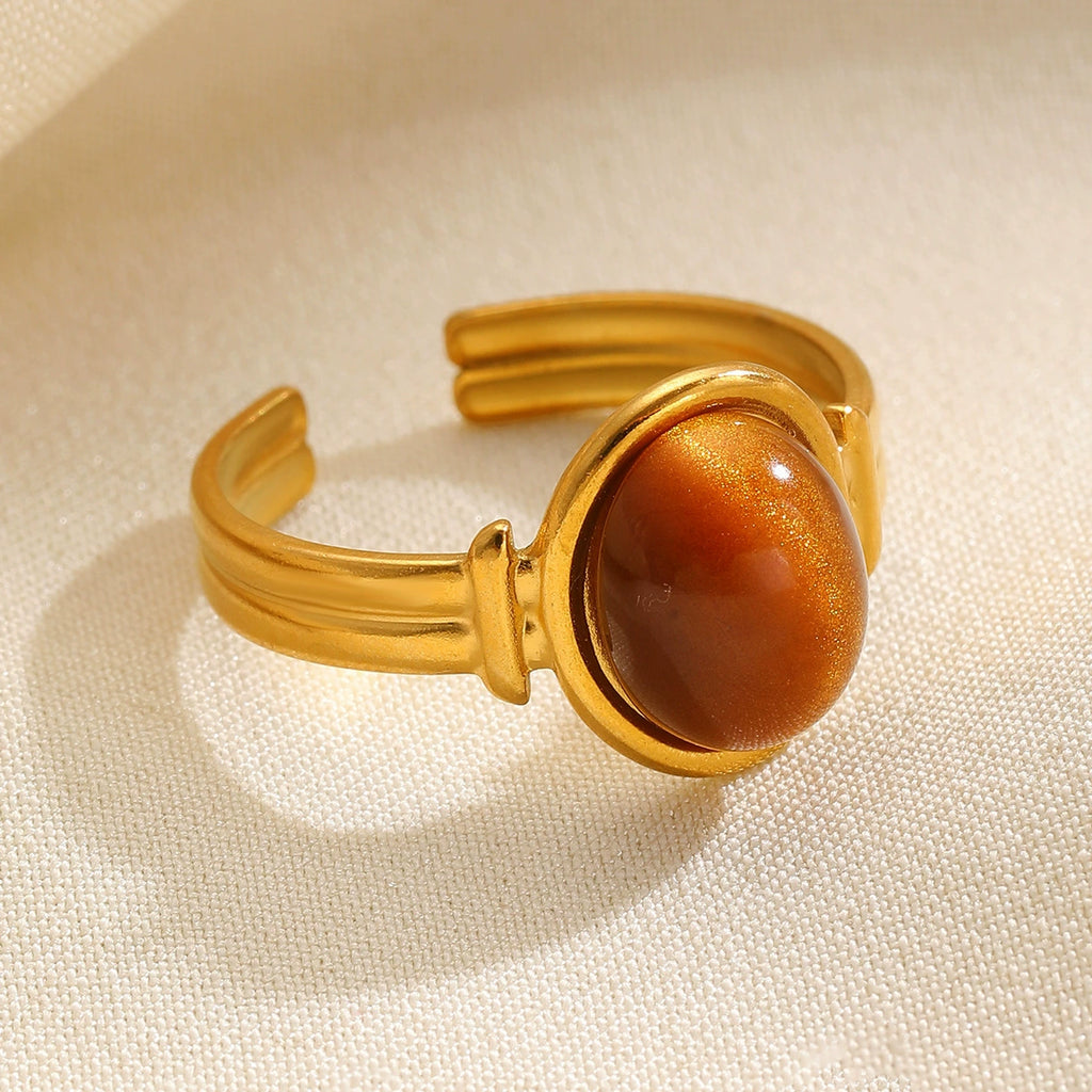 Vintage Natural Stone Stainless Steel Open Adjustable Ring, 18K Gold Plated Tarnish Resistant Gemstone Stackable Ring For Women