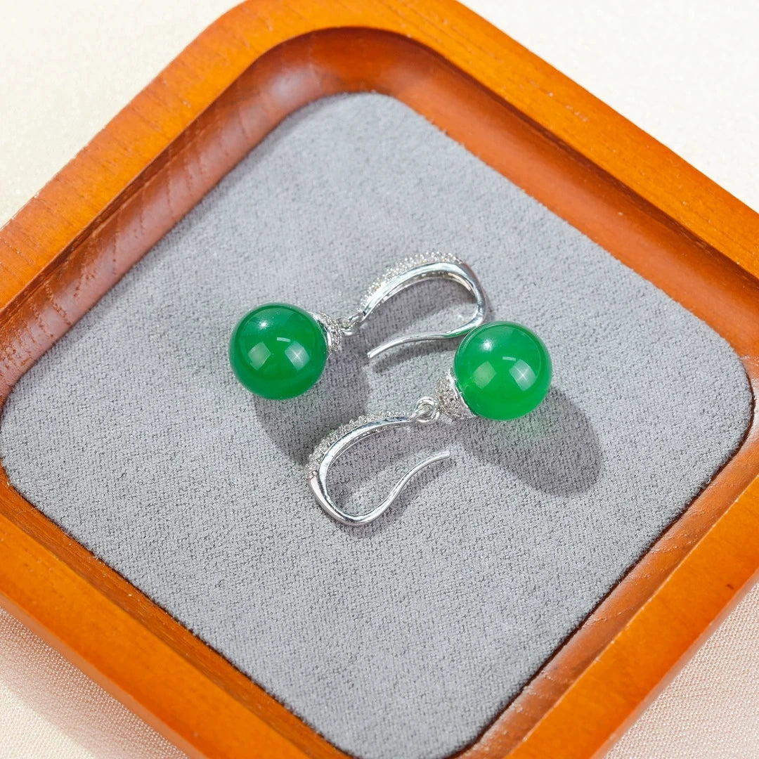 Vintage Natural Green Agate Chalcedony Ball Drop Earrings Paved Clear CZ Hook Dangle Earrings Silver Plated Chinese Style Elegant Daily Wedding Jewelry For Women