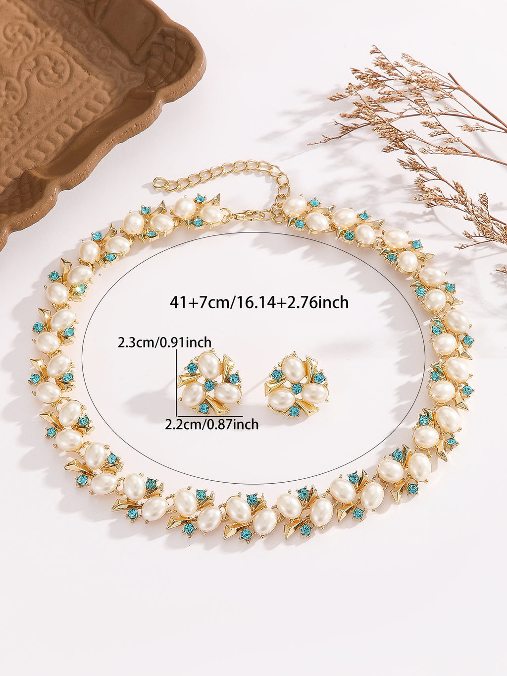 Gold Plated Imitation Pearl & Blue Crystal Jewelry Set, Anti-allergy Stud Earrings & Adjustable Necklace for Wedding Party