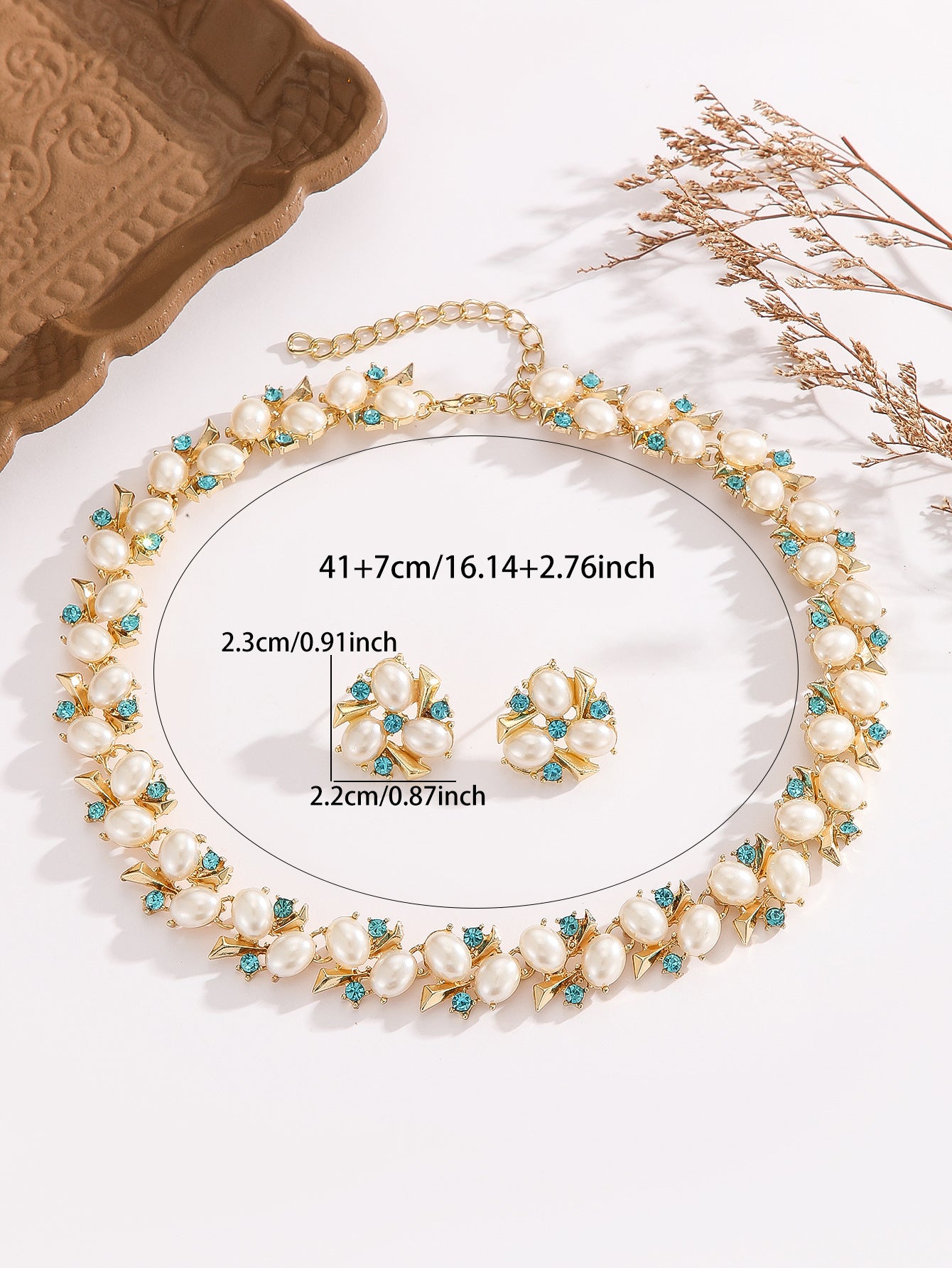 Gold Plated Imitation Pearl & Blue Crystal Jewelry Set, Anti-allergy Stud Earrings & Adjustable Necklace for Wedding Party