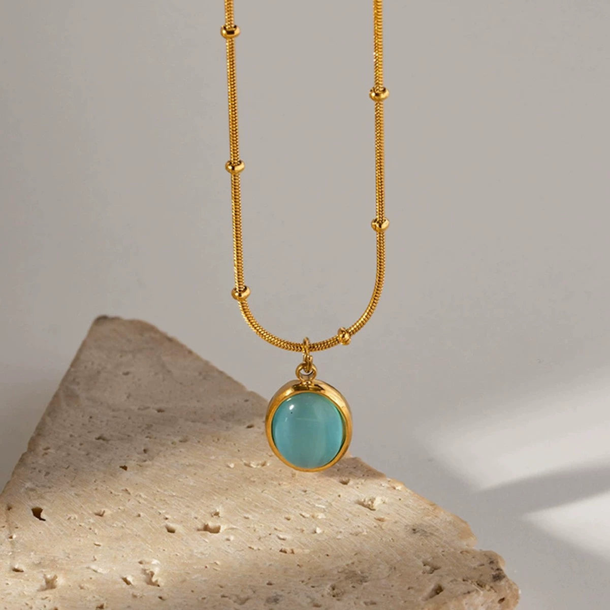 Oval Blue Cat's Eye Pendant Necklace, Gold Plated Stainless Steel Hypoallergenic Dainty Choker