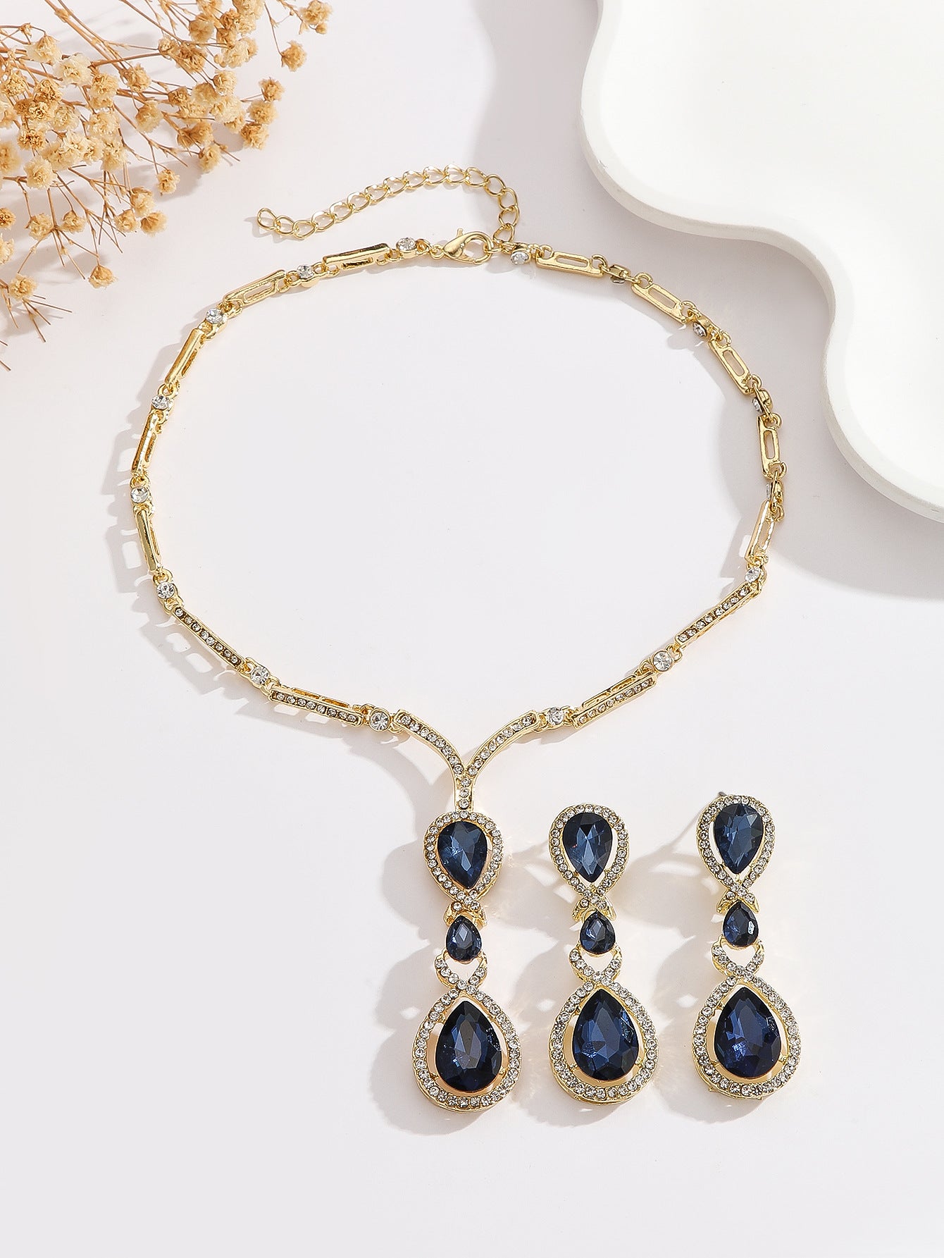 Teardrop Sapphire Blue Crystal Drop Necklace & Dangle Earring Jewelry Set