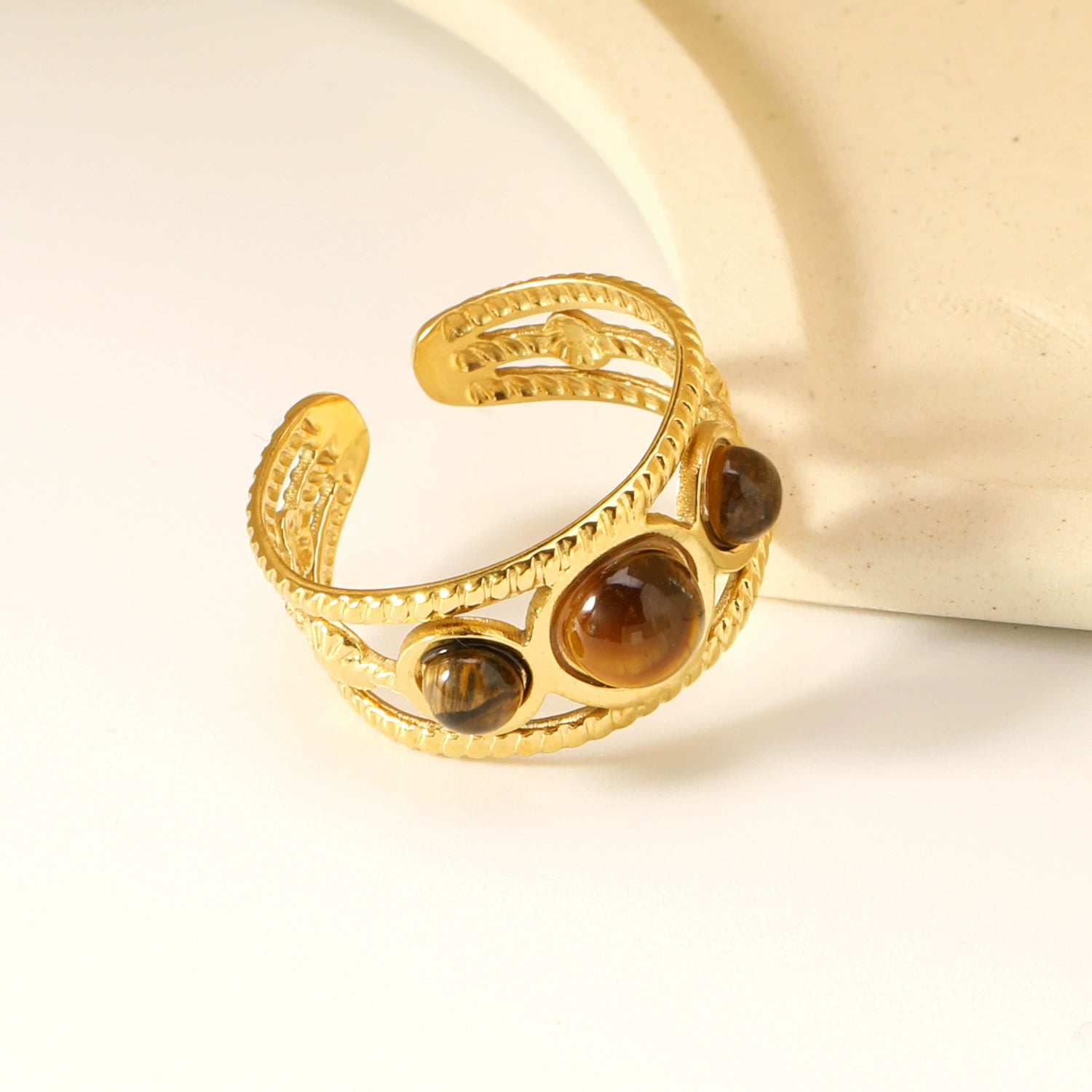 Tarnish Resistant Natural Tiger Eye Stone Open Adjustable Ring, 18K Gold Plated Stainless Steel Vintage Gemstone Stacking Ring For Women