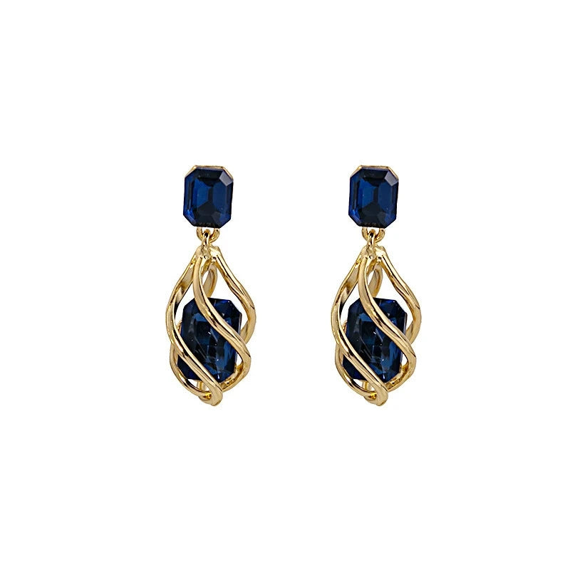 Twisted Spiral Wire Wrapped Sapphire Blue Crystal Drop Earrings 925 Sterling Silver Post Gold Plated Dangle Earrings Elegant Evening Party Jewelry For Women