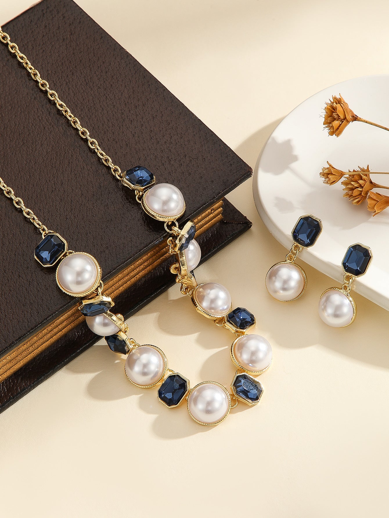 Vintage Two-Tone Pearl & Octagonal Crystal Necklace Earring Jewelry Set