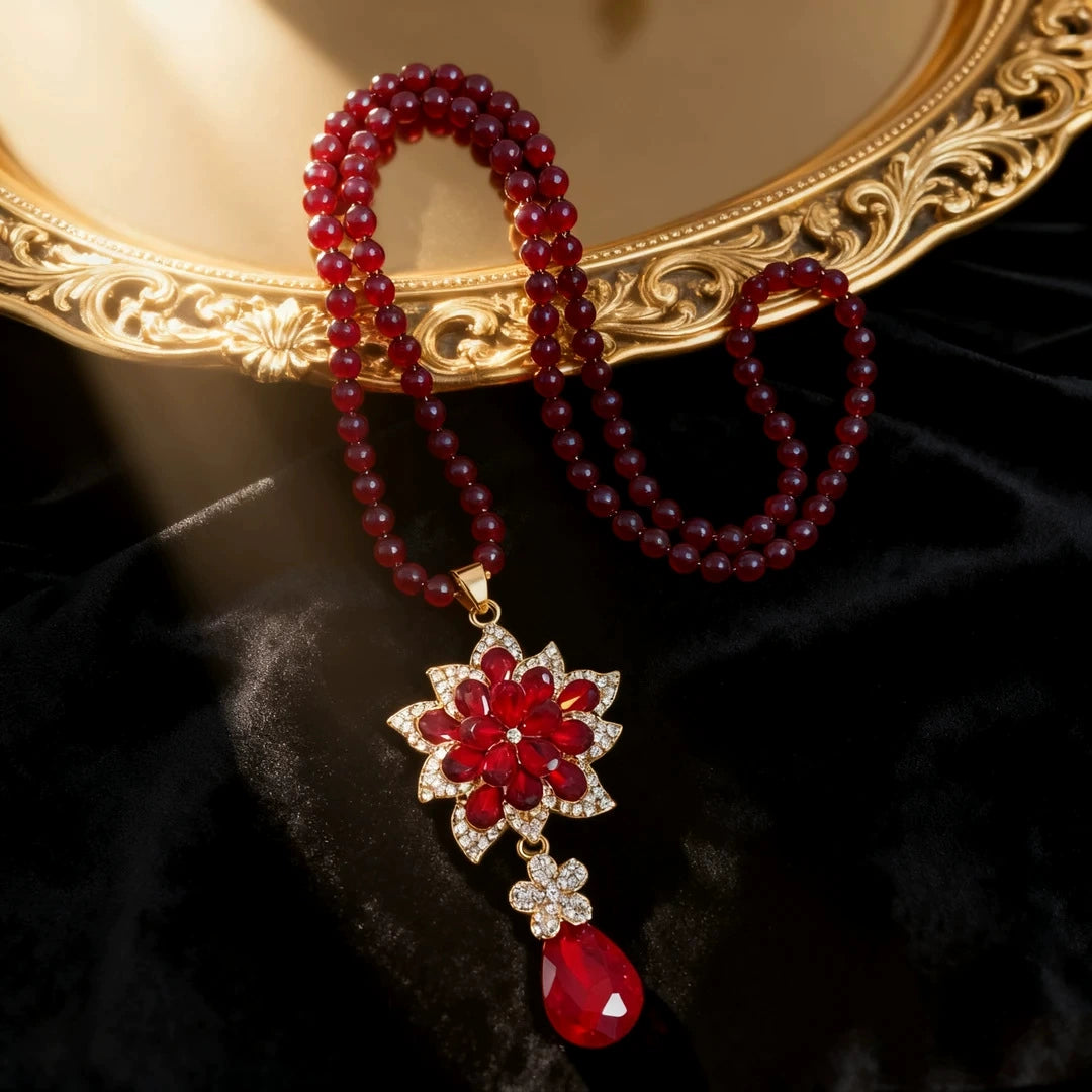 Vintage Fire Red Floral Teardrop Pendant Sweater Necklace Round Red Agate Bead Chain Full Pave White Crystal Gold Plated Chinese Wedding Banquet Long Layering Necklace For Women