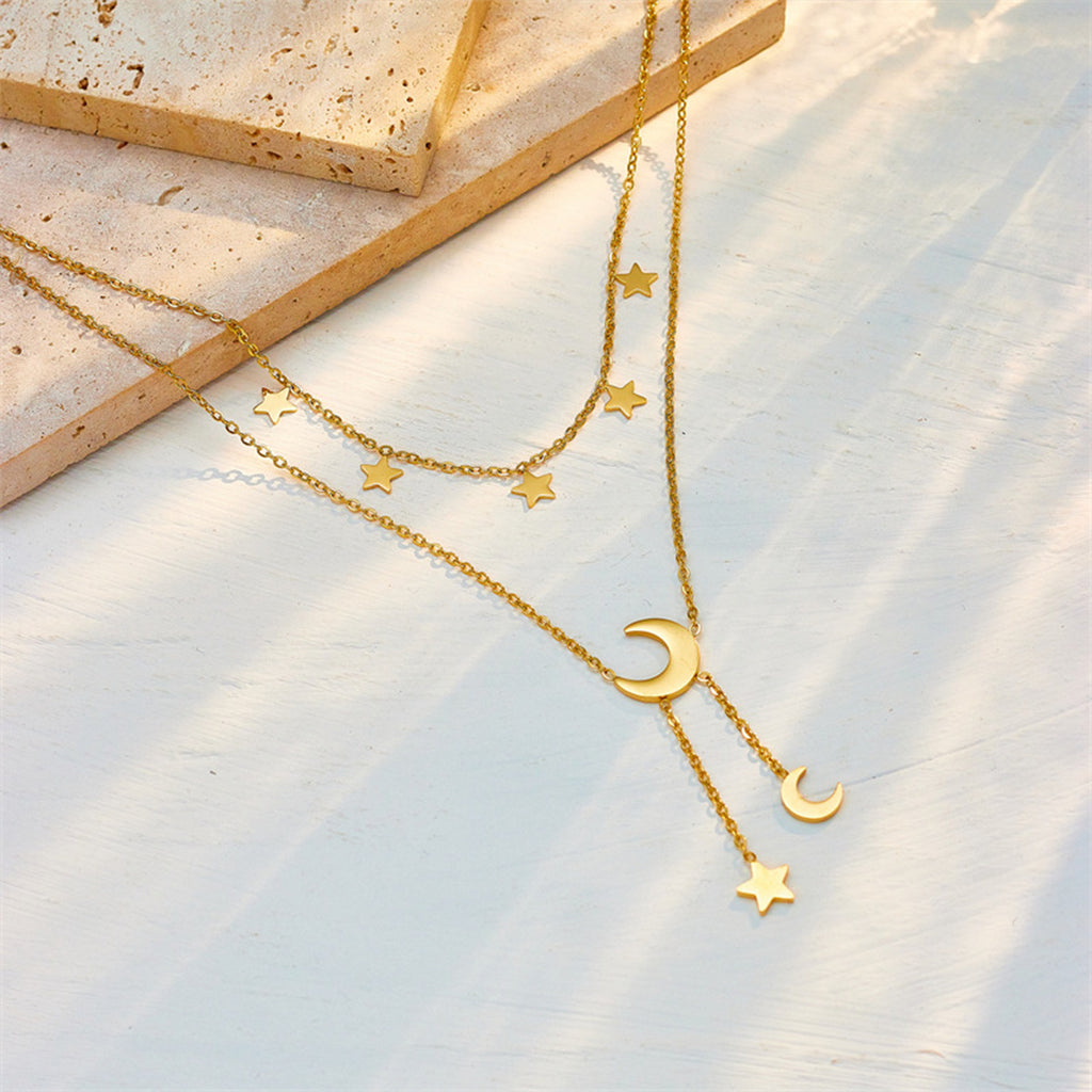 Double Layer Star Moon Titanium Steel Necklace, Shell Inlay Hypoallergenic Layering Choker