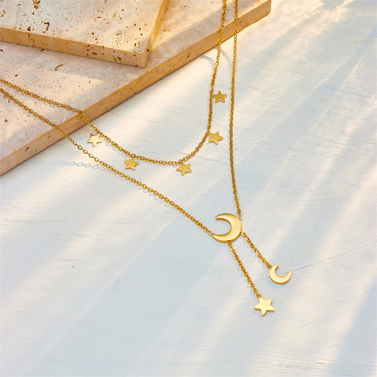Double Layer Star Moon Titanium Steel Necklace, Shell Inlay Hypoallergenic Layering Choker