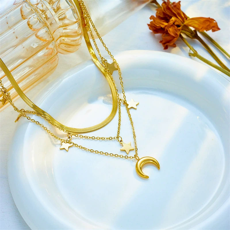 18K Gold Plated Stainless Steel Multi Layer Star Moon Necklace, Tarnish Resistant Dainty Stackable Crescent Star Pendant Necklace For Women