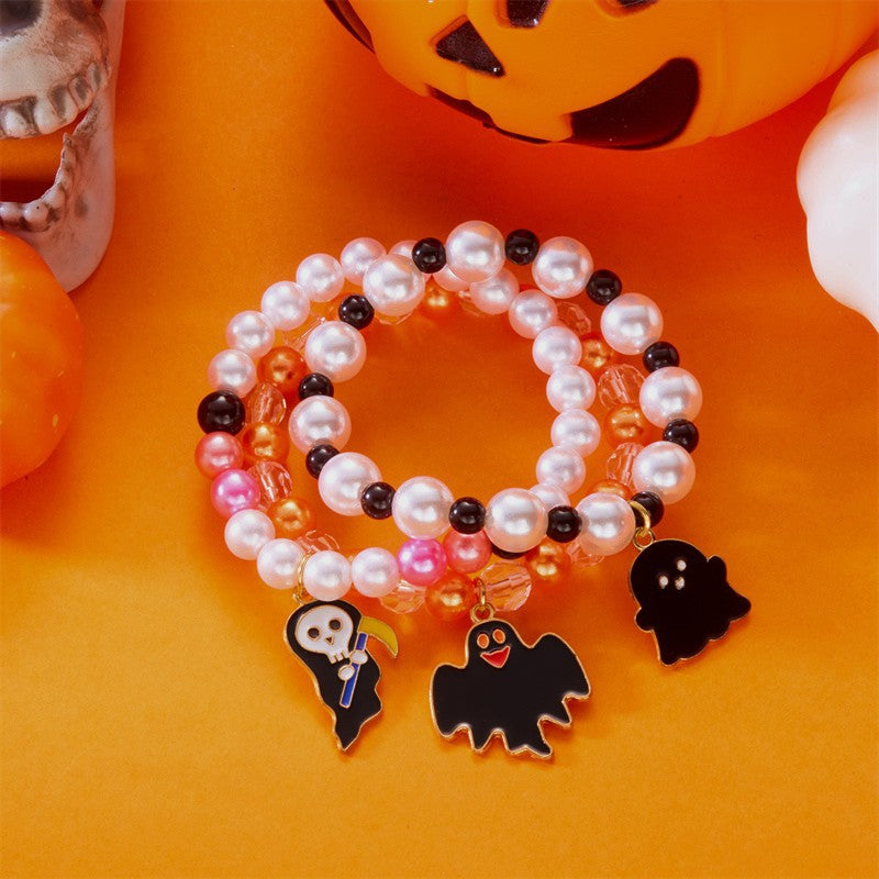 Halloween Cute Ghost Pumpkin Charm Beaded Bracelet Set, 3Pcs Stackable Enamel Charm Stretch Bracelets Witch Bat Mummy Jewelry For Women Kids Party