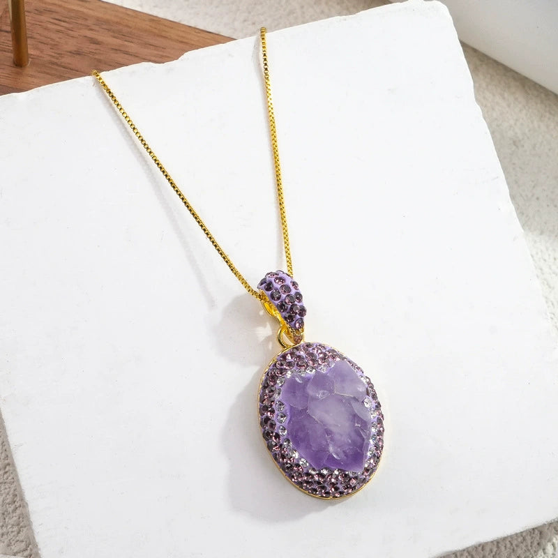 Natural Rough Brazilian Amethyst 3Pcs Jewelry Set Clay Inlaid Rhinestone Drop Earrings Adjustable Open Ring Pendant Necklace Gold Plated Women Boho Gift