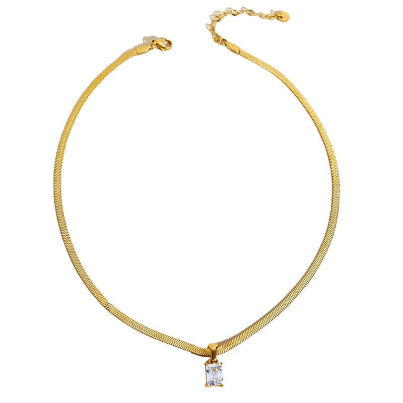 Square Color Zircon Pendant Herringbone Necklace, Gold Plated Stainless Steel Hypoallergenic Choker